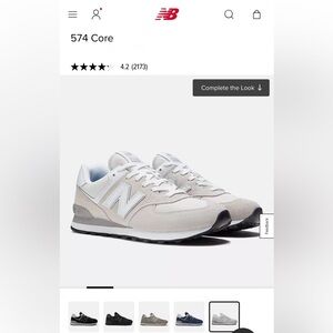 New Balance 574 Core in Light Gray & White, 
Men’s 8/ Women’s 9.5